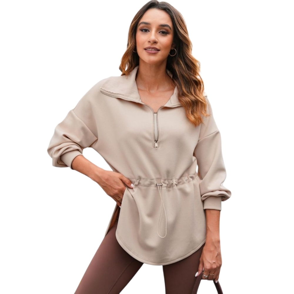 Dokotoo Women's Sweatshirt Oversized Fit Half-Zip Drawstring-Waist Long Sleeve L
